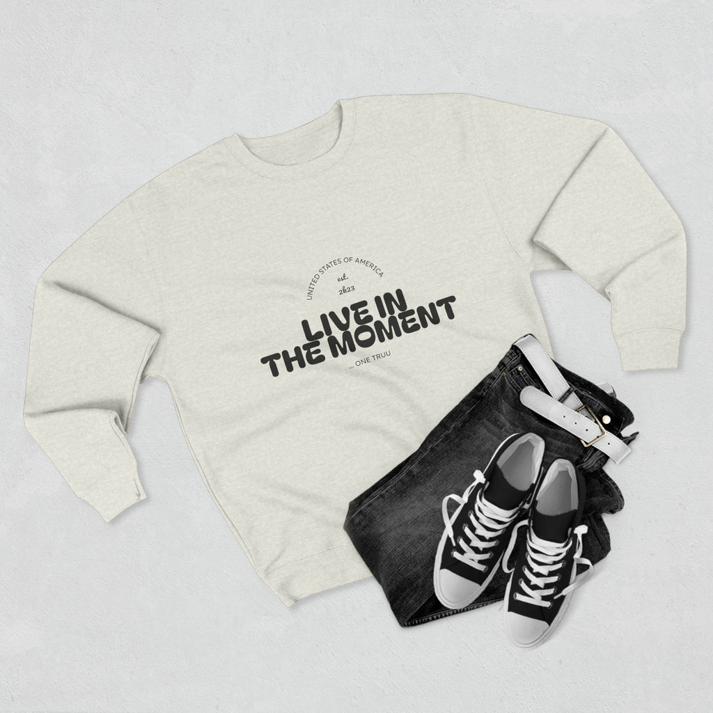 Live in the Moment Unisex Crewneck Sweatshirt, Inspirational Apparel, Cozy Casualwear, Perfect Gift for Friends, Everyday Comfort
